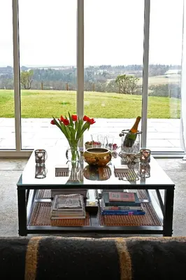 a coffee table with a vase of flowers on it at Robin Cottage in Buchanty