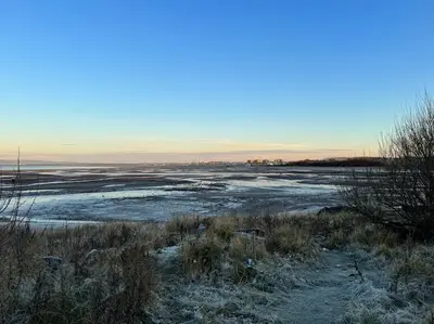 a field with snow and ice on it at Barassie, Troon in Troon