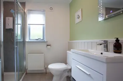 a bathroom with a toilet and a sink and a shower at View of the Mountain in North Ballachulish
