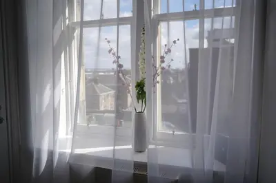 a vase with flowers sitting on a window sill at Falkirk City Centre Stylish Two-Bedrooms Apartment in Falkirk