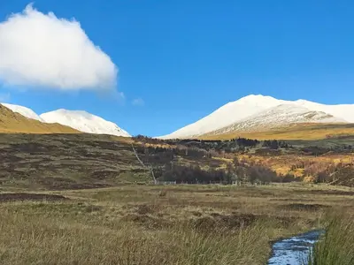 a mountain range with snow covered mountains in the background at Bridge Park in Killin