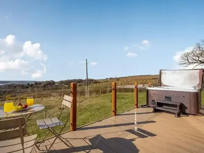 a deck with a grill and a table and a table at Oakwood Lodge in Lochwinnoch