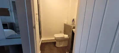 a small bathroom with a toilet and a shower at Hamish Apartment in Stirling