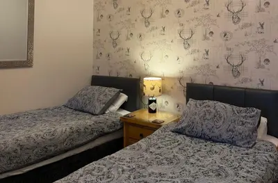 a bedroom with two beds and a lamp on a night stand at Lakeview Guest House in Stranraer