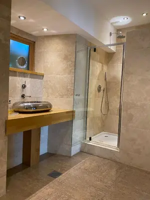 a bathroom with a sink and a shower at Tigh na Breac - Great Outdoor Activity Location Oban in Bonawe