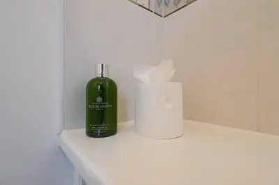 a bottle of wine and a roll of toilet paper on a sink at Whiteside Apartment in Bathgate