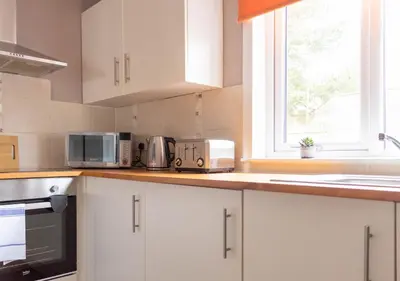 a kitchen with white cabinets and a window at Burns House in Livingston
