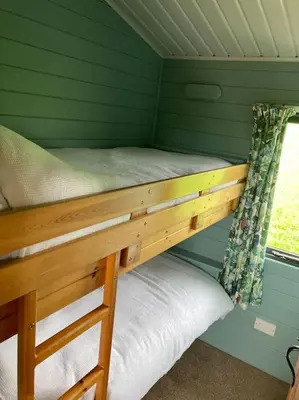 a bunk bed in a green room with a window at The Lodge at Blackhill Farm in Carluke