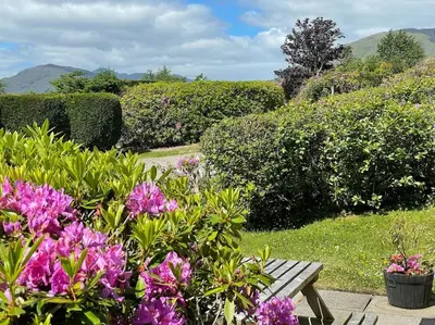 a bench in a garden with flowers and bushes at 1 Bedroom Cabin with Mountain & Loch Views - Quiet Location between Glencoe & Ben Nevis in Onich