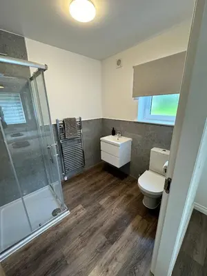 a bathroom with a shower and a toilet and a sink at Inchmoan Apartment in Bonhill