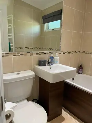 a bathroom with a toilet and a sink and a tub at Riverbank Lodge in Dollar