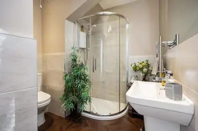 a bathroom with a shower and a sink and a toilet at Number 10 in Edinburgh