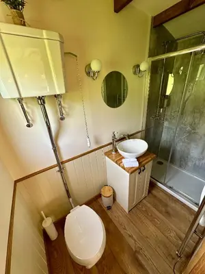 a bathroom with a toilet and a sink and a shower at Lintmill Lodges - Thistle Shepherds Hut in Sorn