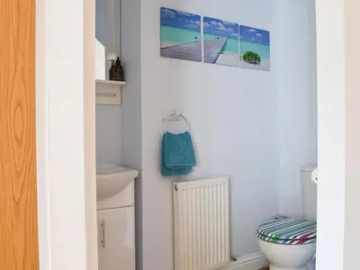 a bathroom with a white toilet and a radiator at Pine Marten Cottage in Ballachulish