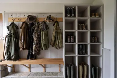 a room with a shelf with jackets and shoes at The Old Farmhouse in Buchanty