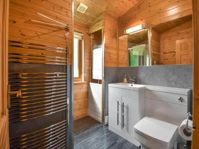 a bathroom with a toilet and a sink and a shower at Lomond View Lodge in Rowardennan
