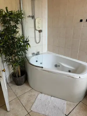 a white bath tub in a bathroom with a plant at Haymaeket Centro Edinburgh in Edinburgh