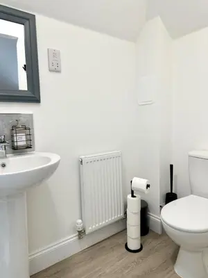a white bathroom with a toilet and a sink at Edinburgh full house in Edinburgh