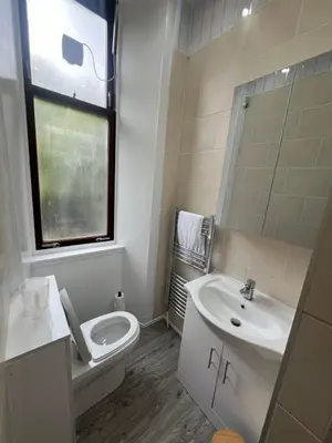 a bathroom with a toilet and a sink and a window at Glasgow South 2 Bedroom Apartment in Glasgow