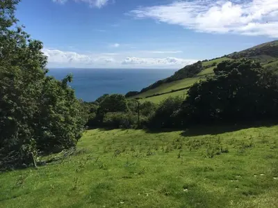 a green field with the ocean in the background at Coolranny Schoolhouse in Torr