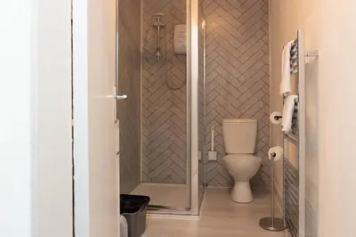 a bathroom with a toilet and a shower at Renton Apartment in Renton