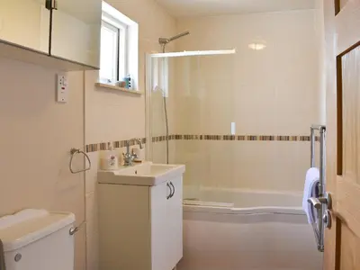 a bathroom with a toilet and a sink and a shower at Hollinhaven in Blackwaterfoot