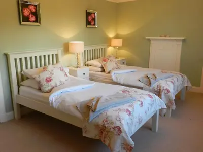 two beds in a room with green walls at St Brides in Lamlash