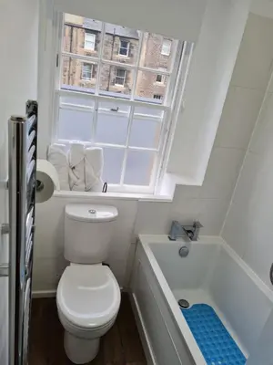 a bathroom with a toilet and a tub and a window at 223 Websters land - stunning castle view in Edinburgh