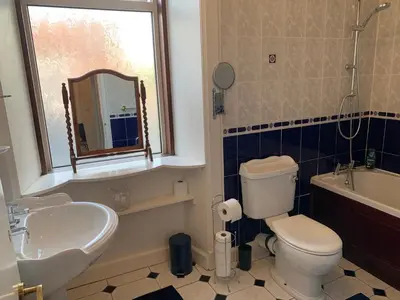 a bathroom with a toilet and a sink and a mirror at High Street 2 Bedroom Apartment in Ayr