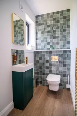 a bathroom with a toilet and a sink and a mirror at Lowwood Lodges in Houston