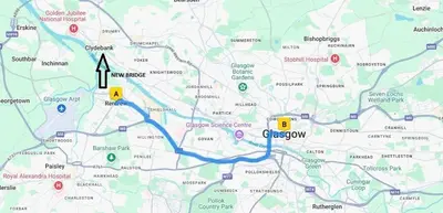 a map with a blue line and yellow markers at Glasgow Apartment close to the airport in Renfrew