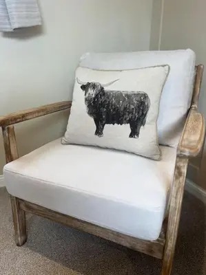 a chair with a pillow with a poodle on it at Kirkton Rest in Cardross