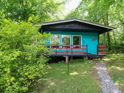 a small blue cabin in the middle of the woods at Lodge 3 - 