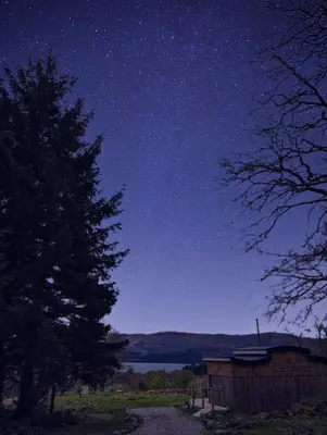a starry night with a cabin and a tree at Otter Burn Cabin in Oban