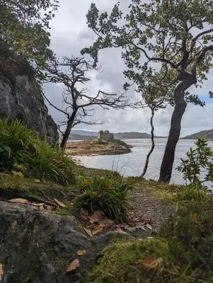 a view of a body of water with trees and a castle at Otter Burn Cabin in Oban