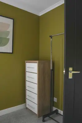 a bathroom with green walls and a cabinet and a shower at Andrew House in Bathgate