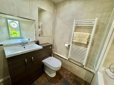 a bathroom with a toilet and a sink and a clock at Country Cottage on Private Estate in Minishant