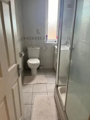 a small bathroom with a toilet and a shower at Room in a Home in Edinburgh