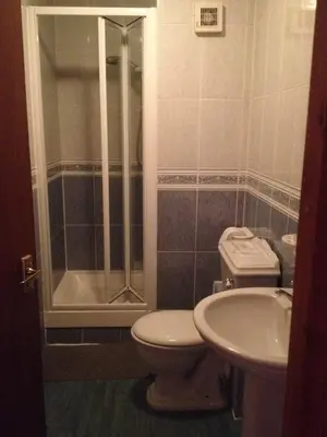 a bathroom with a shower and a toilet and a sink at Twin Lions Hotel in Edinburgh