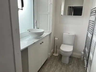 a white bathroom with a sink and a toilet at Ryehill with Fishing in Sanquhar