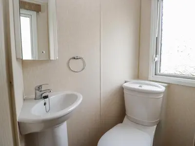 a bathroom with a toilet and a sink and a window at Birch in Denny