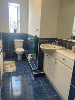 a blue tiled bathroom with a sink and a toilet at Frans Place in Edinburgh
