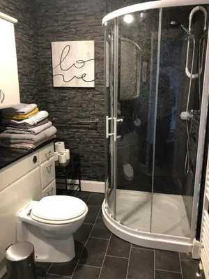 a bathroom with a shower and a toilet in it at Victorian Flat in Bonhill