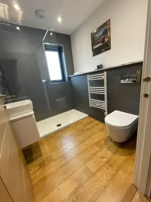 a bathroom with a toilet and a shower and a sink at Riverview Lodge & Luxury Hot Tub in Acharra