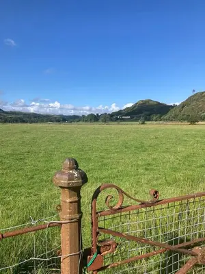 an old fence in front of a field of grass at Wagtail Cottage in Kilmartin