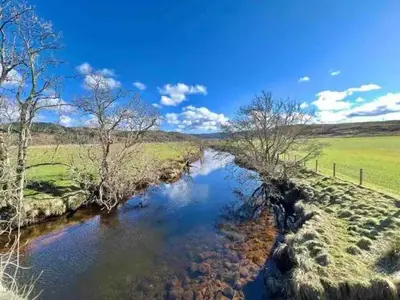 a river in the middle of a field with trees at Wagtail Cottage in Kilmartin