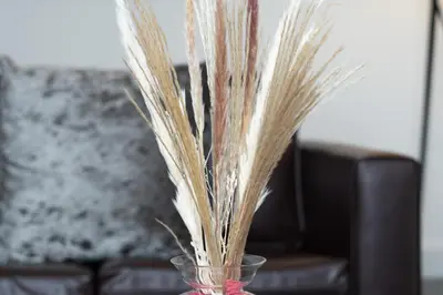 a glass vase with some tall grass in it at 2-Bed Flat Wishaw Free Parking Family-Friendly in Wishaw