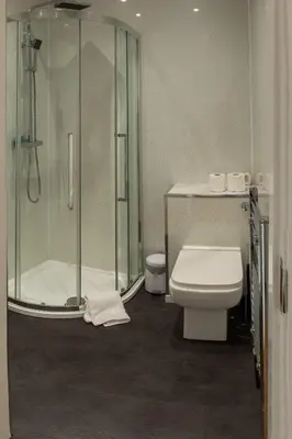 a bathroom with a shower and a toilet at 3 Bedroom Apartment with castle views in Edinburgh