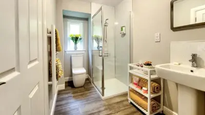 a bathroom with a sink and a shower and a toilet at TheLodge in Arrochar