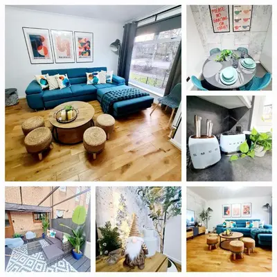 a collage of different pictures of a living room at Bright 3BR walking distance to town - FREE parking in Glasgow